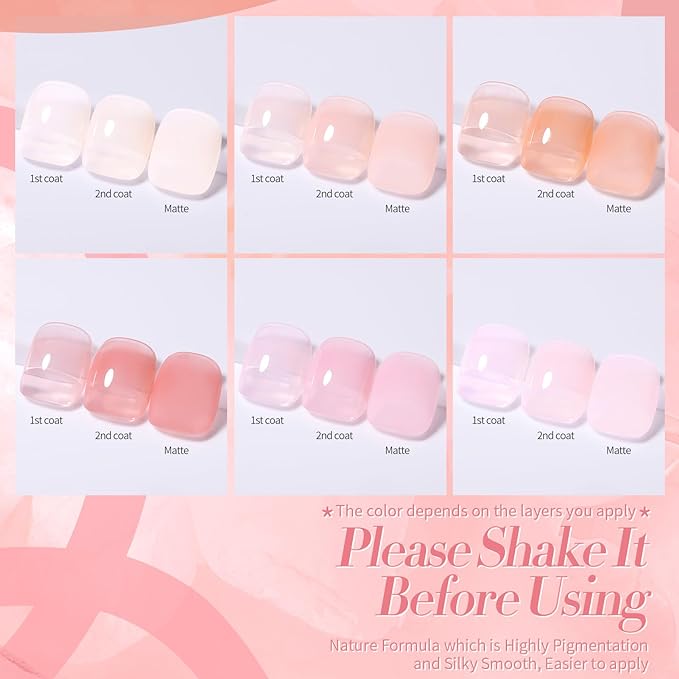 Born Pretty Jelly Pink Gel Nail Polish Nude Pink Sheer Translucent Gel Polish Milky Natural Gel Polish Set Nail Art Manicure DIY Kit Home Salon 6PCS-Velvo Beauty