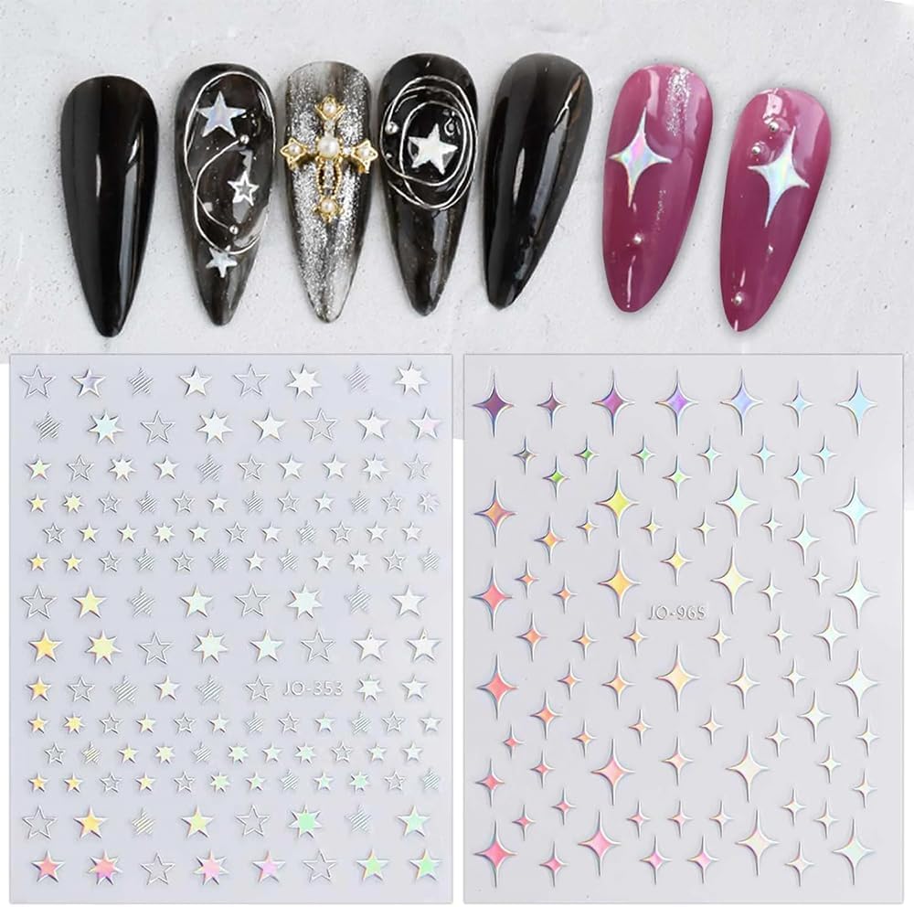10 Sheets Aurora Nail Art Stickers 3D Pegatinas Uñas Holographic Laser Heart Star Moon Flame Nail Decals Self Adhesive Nail Stickers Nail Supplies DIY Nail Design Nail Art Decoration-Velvo Beauty