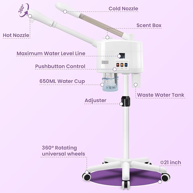 Professional Facial Steamer, 2 in 1 Facial Steamer on Wheels for Cold Mist & Hot Mist & Timer Function, Stand Face Steamer Adjustable Height for Spa, Salon and at Home use-Velvo Beauty