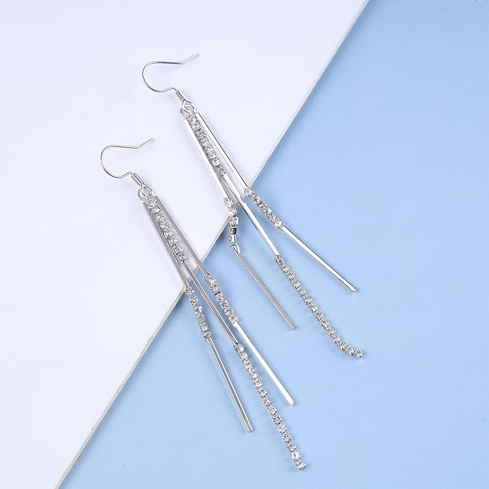 Vintage Crystal Tassel Earrings Rhinestone Bar Drop Earrings Long Rhinestone Chain Earrings Gold Cz Bar Hook Earrings Sparkle Tennis Chain Earrings Jewelry for Women-Velvo Beauty