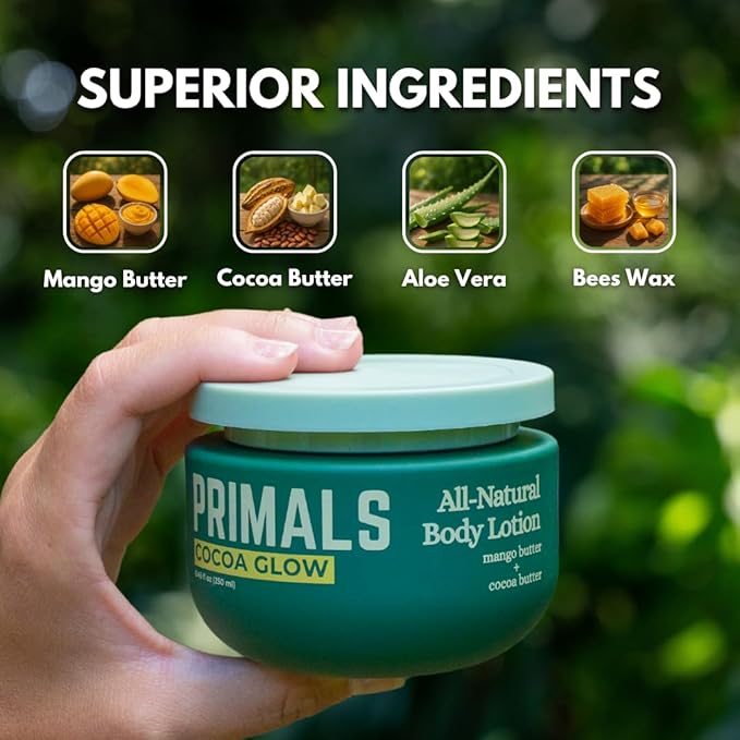 PRIMALS All Natural Body Lotion - Cocoa Butter & Mango Butter - 100% Naturally Derived Ingredients - Alcohol Free, Artificial Fragrance Free, Paraben Free, Petroleum Derivative Free - 8.45 oz-Velvo Beauty
