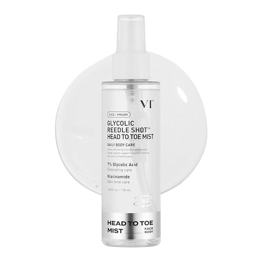 VT COSMETICS 7% Glycolic Acid Reedle Shot Head-to-Toe Mist with Niacinamide, Exfoliating Spray for Bumpy & Strawberry Skin, Dark Spots, Skin Texture, Keratosis Pilaris, Korean Skincare (4.05 fl oz)-Velvo Beauty