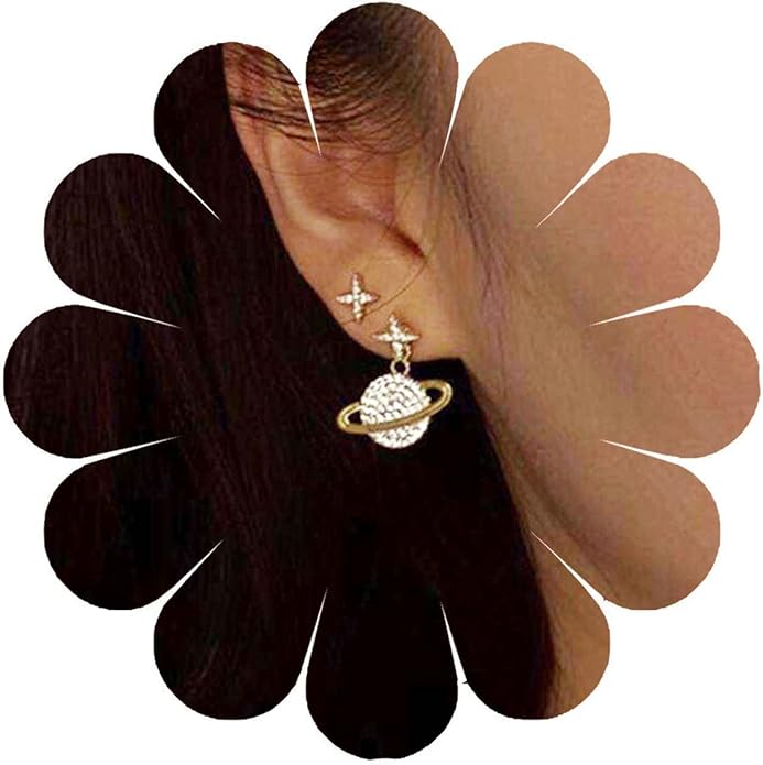 Crystal Saturn Planet Jacket Earrings Vintage Saturn Dangle Earrings Rhinestone Planet Drop Earrings Gold Cz Northstar Stud Earrings Celestial Front Back Earrings for Women Gifts-Velvo Beauty