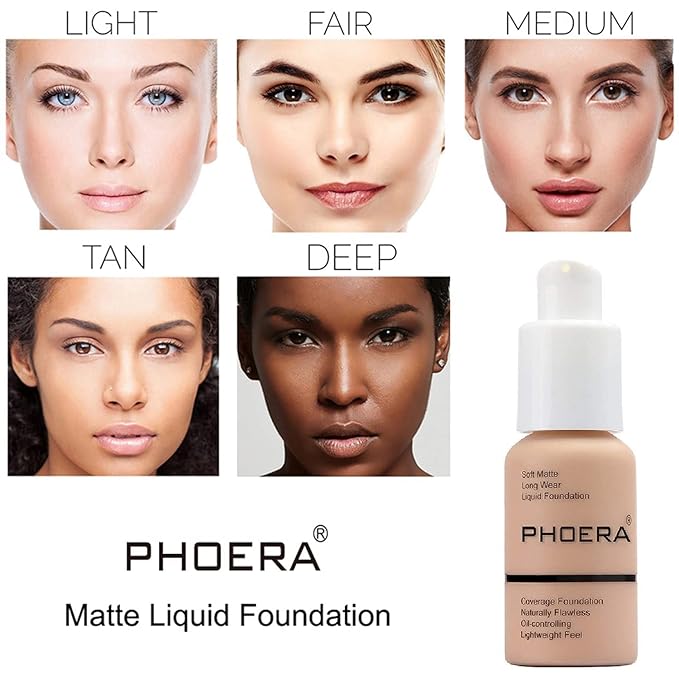 PHOERA Foundation Makeup for Wome Full Coverage Foundation Set,Face Primer Foundation Brush Powder Brush,5 Makeup Sponge,30ml PHOERA 24HR Matte Oil Control Concealer (105 Sand+111 Chestnut)-Velvo Beauty