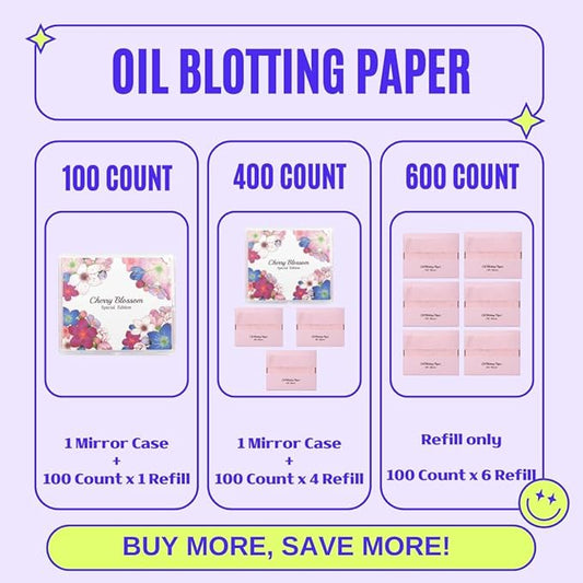 [100 Counts + Mirror Case] Cherry Blossom Natural Oil Blotting Paper for Face Korean with Mirror Case-Velvo Beauty
