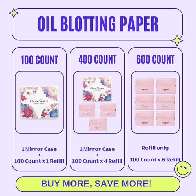 [600 Counts Refills Only] Cherry Blossom Natural Oil Blotting Sheets for Face with Mirror Case and Refills-Velvo Beauty