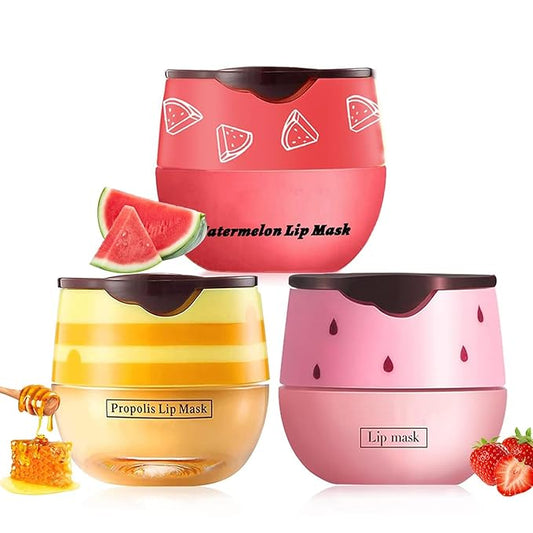 3 PCS Bee Lip Balm Honey Pot, Honey & Strawberry & Watermelon Lip Mask Overnight Moisturizing Lip Sleep Mask with Stick Hydrating & Prevention Dry and Cracked Lip Scrubs Exfoliator-Velvo Beauty