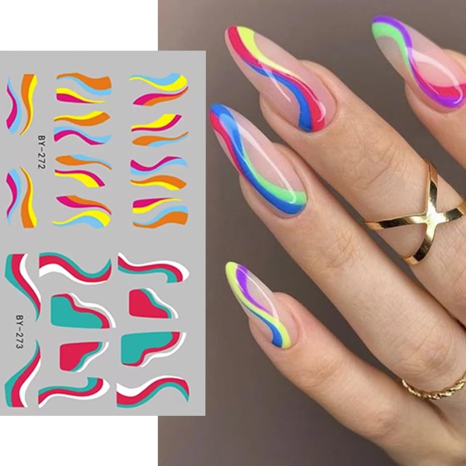 12 Sheets Colorful Stripes Nail Art Stickers Geometric Rainbow Wave Design Water Transfer Nail Decals for Nails Art Abstract French Pattern Acrylic Slider Nail Foils for Women Manicure Nail Decor-Velvo Beauty