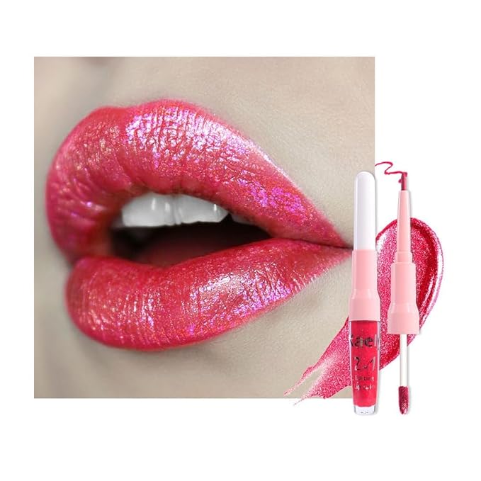 evpct Crushed Ruby Red Metallic Glitter Lip Liner and Lipstick Combo Lip Gloss Stain Set Makeup for Women Long Lasting Waterproof 24, Red Frosted Metallic Shimmer Glossy iridescent Liquid Lipstick 18-Velvo Beauty