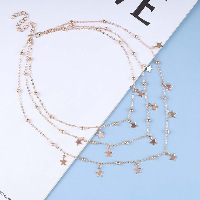 Vintage Layered Star Dangle Necklace Star Pendant Necklace Tiny Star Necklace Gold Bead Chain Necklace Jewelry for Women-Velvo Beauty