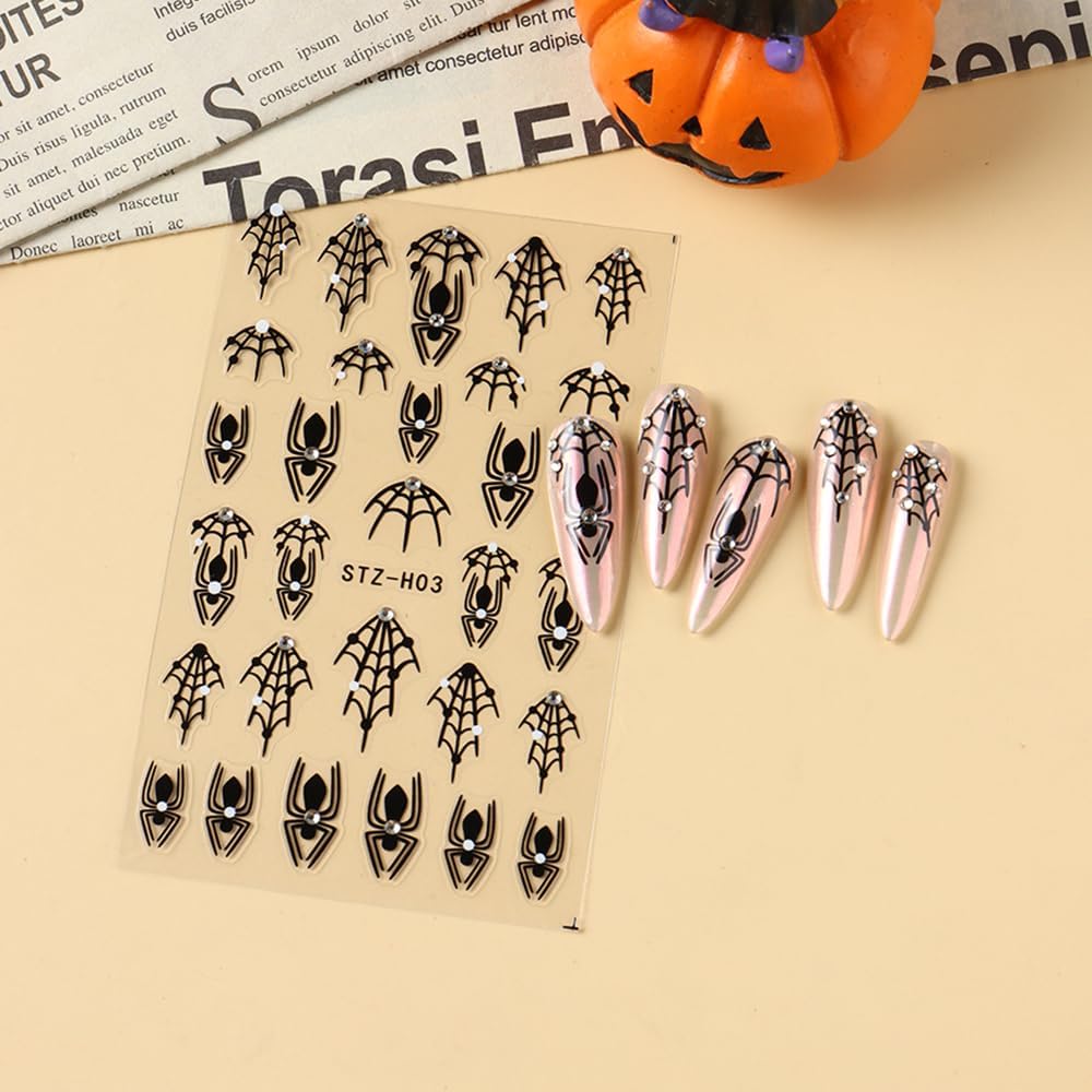 3 Sheets Halloween Nail Art Stickers Black Spider Nail Stickers for Nail Art 3D Self-Adhesive Black Spider Web with Diamond Design Halloween Nail Charms Goth Decorations for Women DIY-Velvo Beauty