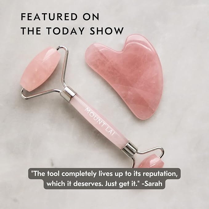 Mount Lai Rose Quartz Gua Sha Facial Tools, Pink Quartz Gua Sha Facial Tools Set and Roller, Guasha Tool for Face to Relieve Muscle Tension and Reduce Puffiness, Anti Aging Skin Care Sets for Women-Velvo Beauty