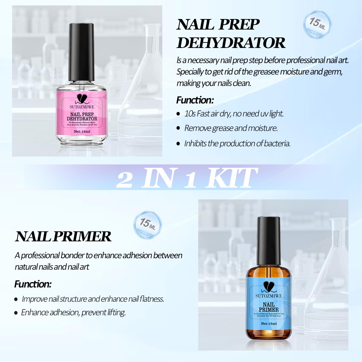15 ml Nail Dehydrator and Primer Set, Acid Free Natural Prep Dehydrate & Bond Primer, Professional Nail Prep Kit for Acrylic Nails Gel Polish Manicure Nails Supplies Fast Dry-Velvo Beauty