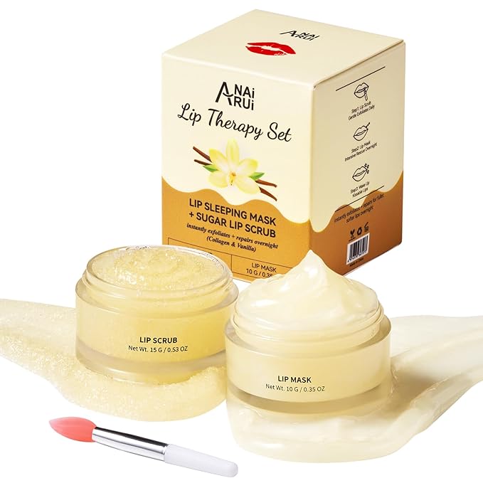 ANAI RUI Lip Mask and Scrub Set, Lip Sleeping Mask & Lip Exfoliator/Scrub for Exfoliating & Lip Overnight Treatment, Lip Care Gift Kits for Dry, Chapped & Dark Lips, Reduce Fine Lines, Vanilla-Velvo Beauty