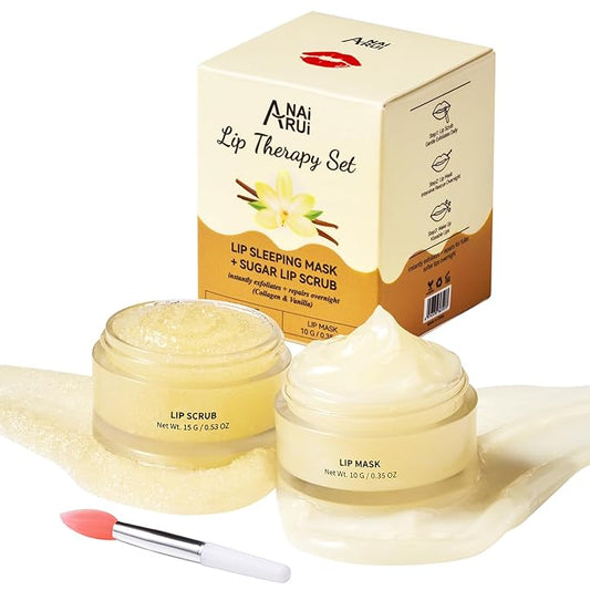 ANAI RUI Lip Mask and Scrub Set, Lip Sleeping Mask & Lip Exfoliator/Scrub for Exfoliating & Lip Overnight Treatment, Lip Care Gift Kits for Dry, Chapped & Dark Lips, Reduce Fine Lines, Vanilla-Velvo Beauty