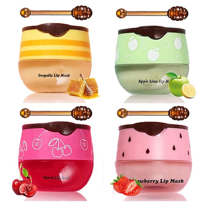 Honey Lip Balm Pot, Propolis Lip Mask, Strawberry Hydrating Propolis Lip Sleeping Mask, Prevent Dry&Cracked, Lip Repair Nourishes the Lip Skin (honey&straberry&cherry&apple)-Velvo Beauty