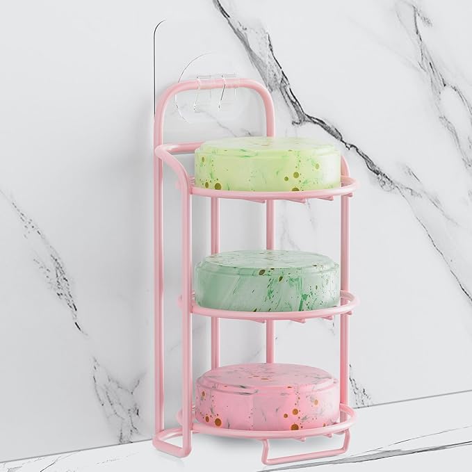 Pink 3-Tier Shower Soap Shampoo Bar Holder, Self Adhesive & Freestanding Draining Soap Dish Caddy for Bathroom Wall Accesories Decor-Velvo Beauty