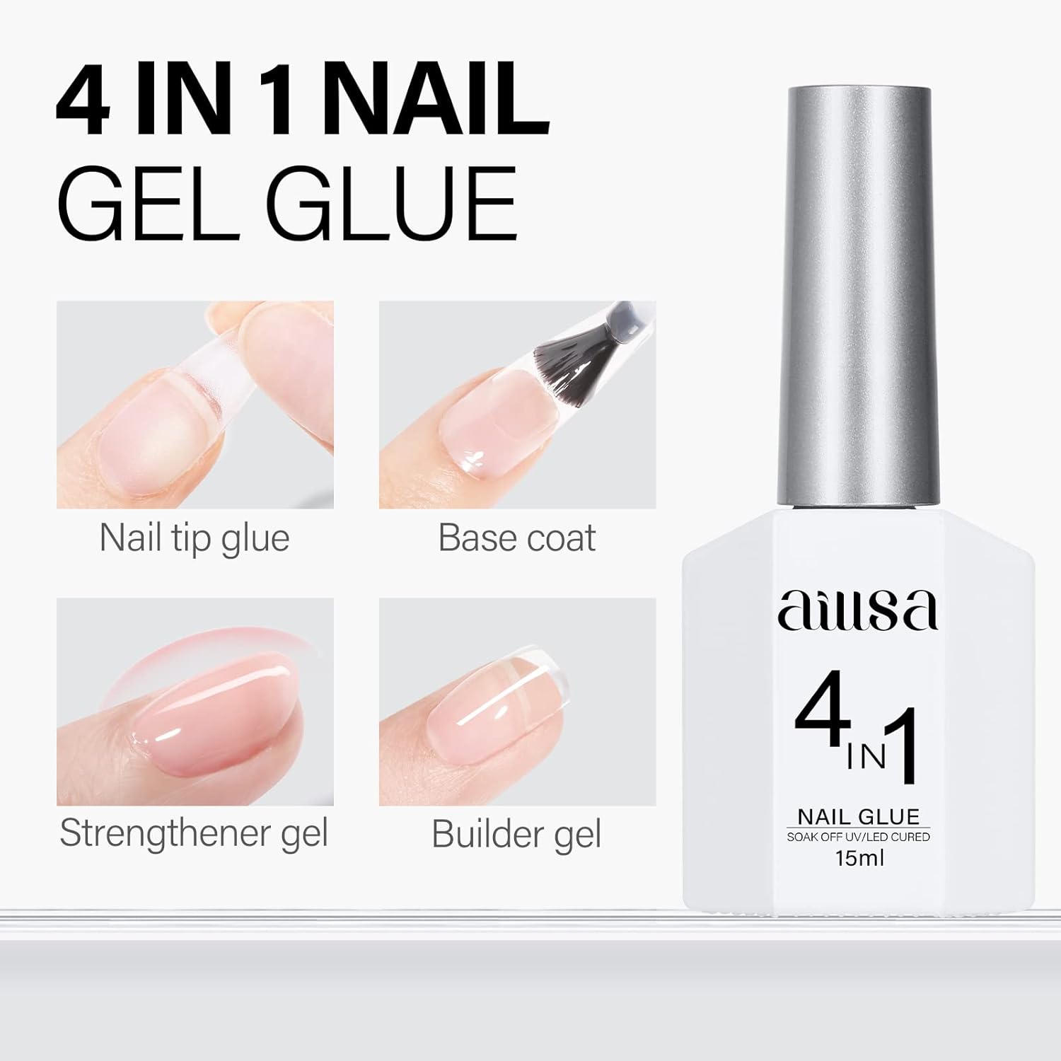 AILLSA 2PCS Gel Nail Glue for Acrylic Nails, 4 in 1 Super Strong Adhesive for False Tips, UV Curing Needed, 15ml High Capacity Extension Brush On for Rhinestone Pearl Foil-Velvo Beauty