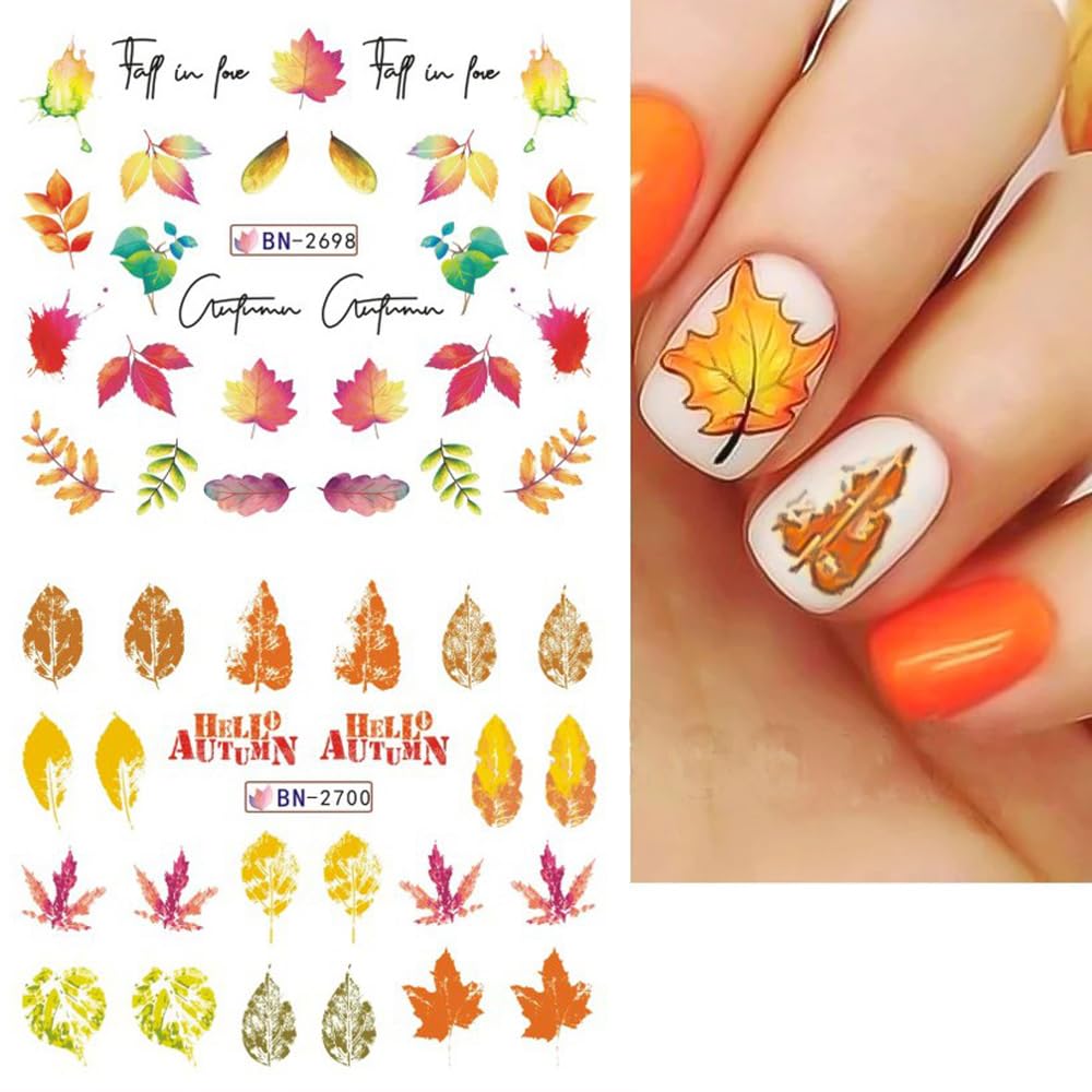 Fall Thanksgiving Nail Art Stickers Decals, 12 Sheets Maple Leaf Design Water Transfer Nail Decals Autumn Thanksgiving Nail Art Decoration Abstract Leaves Ginkgo Slider Nail Foils for Women DIY Supply-Velvo Beauty