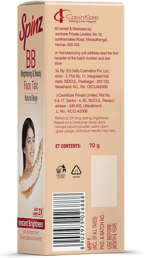 Spinz BB Talc, instant glow cover spots & blemishes 100g-Velvo Beauty