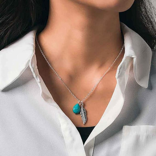 Boho Turquoise Necklaces Silver Feather Pendant Necklace Chain Short Delicate Dainty Necklaces Jewelry for Women-Velvo Beauty