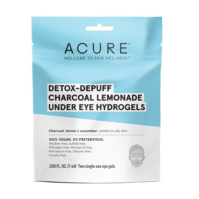Acure Detox-Depuff Charcoal Lemonade Under Eye Hydrogels | 100% Vegan | For Oily to Normal & Acne Prone Skin | Charcoal, Lemon & Cucumber - Detoxies & De-Puffs Under Eye Area | 2 Single Use | 1 Count-Velvo Beauty