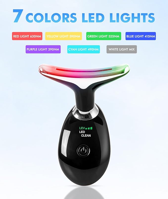 Red-Light-Therapy-for-Face-and-Neck, 7 Color Face Massager Tool for Wrinkles, Double Chin, Vibrating Facial Massager with Thermals for Skin Care, Glossy Black-Velvo Beauty