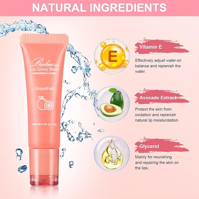 GECOMO Lip Glowy Balm, Moisturizing Lip Gloss, Nourishing Glossy Transparent Plumping Oil, Non-sticky Tinted Toot Lip Balm for Lip Care (GRAPEFRUIT) 0.35oz-Velvo Beauty