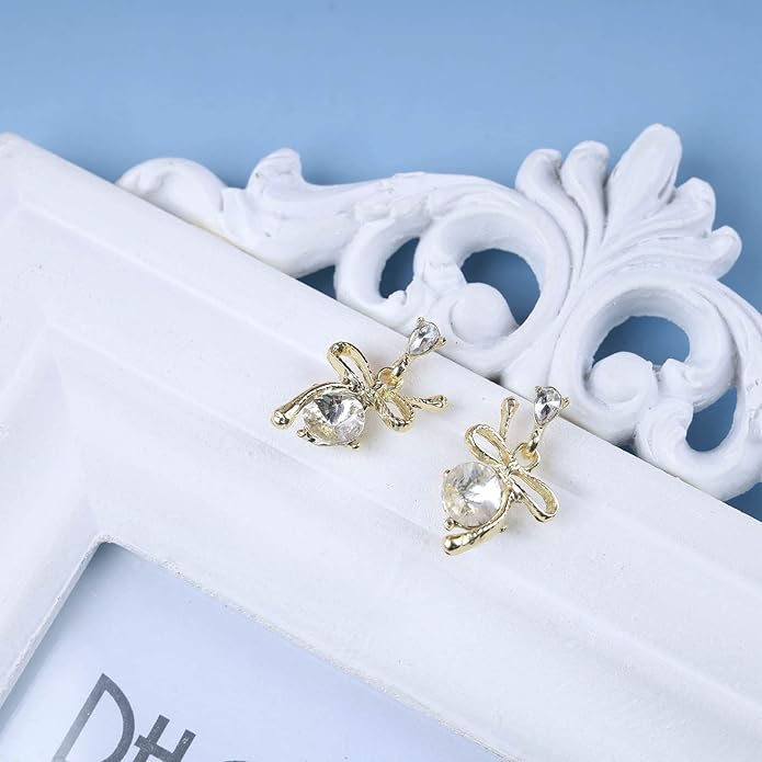 Vintage Rhinestone Bow Drop Earrings Gold Teardrop Crystal Earrings Round Cut Stud Earrings Bow Crystal Bridal Earrings Jewelry for Women-Velvo Beauty