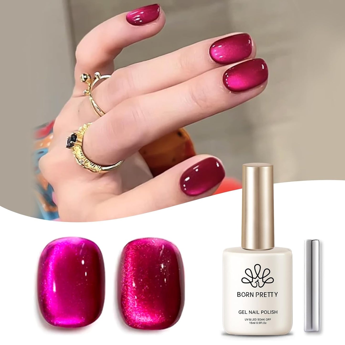 Born Pretty Cat Magnetic Eye Gel Nail Polish, Dragon Fruit Hot pink Glass Cat Magnetic Gel, Glass Shiny Effect Soak Off Nail Art Salon Manicure Home Gift 15ml-Velvo Beauty