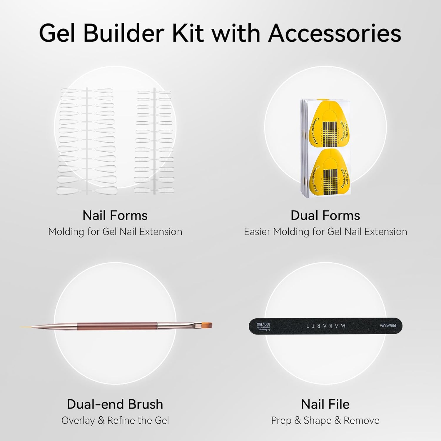 Makartt Clear Gel Builder Kit: Self-Levelling, Long Lasting Extension Hard Gels for Strengthener, Broken Nails Repair Gel Kit with Paper Forms, Dual forms, Nail File and Dual-End Brush 1.06 oz-Velvo Beauty