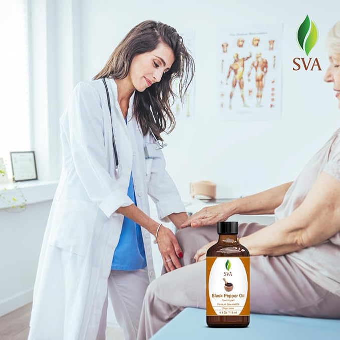 SVA Black Pepper Essential Oil – 4 Fl Oz – 100% Natural Black Pepper Oil - for Diffuser, Hair Care, Face, Skin Care, Aromatherapy, Scalp and Body Massage, Soap and Candle Making – with Dropper-Velvo Beauty