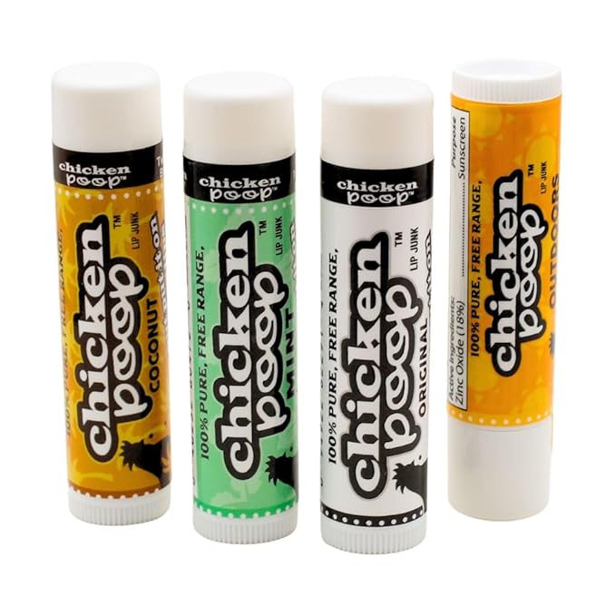 Chicken Poop Lip Balm Simone Chickenbone 100% Natural Moisturizer for Dry, Chapped Lips, Combo (Original, Mint, Outdoors with SPF 30, Coconut), 4 Pack-Velvo Beauty