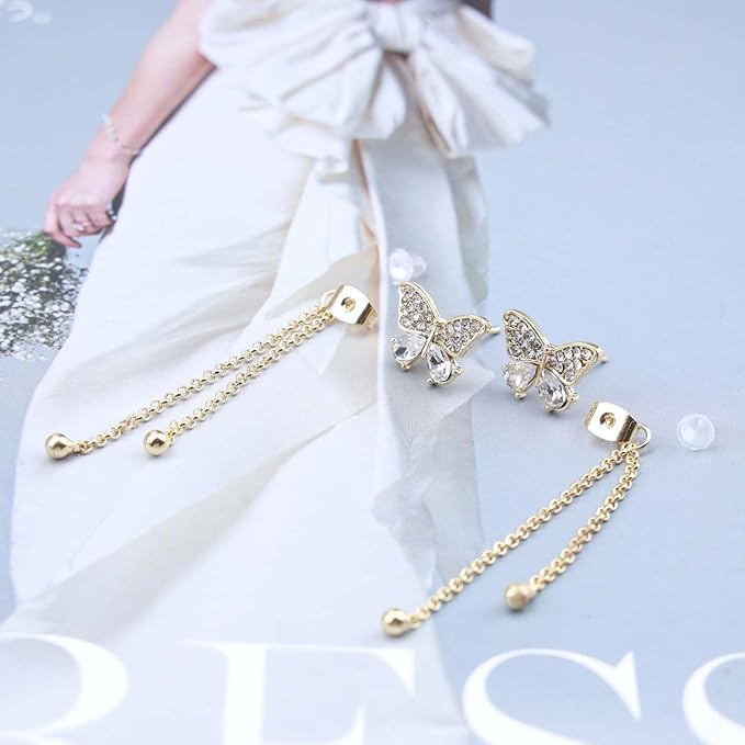 Vintage Crystal Butterfly Stud Earrings Gold Long Chain Earrings Thin Drop Chain Earrings Cz Paved Butterfly Earrings Retro Hanging Chain Earrings Jewelry for Women and Girls-Velvo Beauty