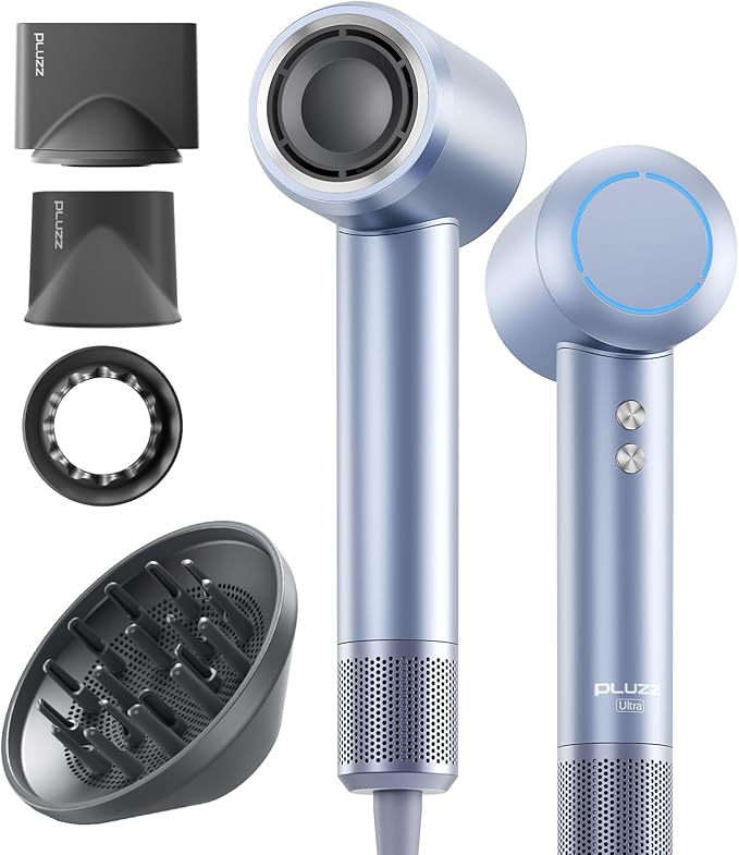 PLUZZ Professional Hair Dryer with Diffuser for Curly Hair, 400M Negative Ionic Blow Dryer for Fast Drying, 120,000 RPM High-Speed Brushless Motor, Low Noise Lightweight, Travel-Friendly, Women & Men-Velvo Beauty