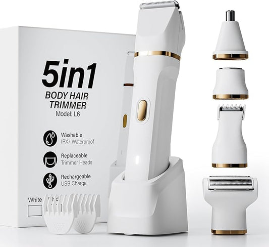 Electric Razors for Women, 5-in-1 Wet/Dry Bikini Trimmer with USB Charge Dock, Deluxe Facial Hair Removal, Wet/Dry Body Shaver for Nose Eyebrows Beard Underarm Leg Arm, IPX7 Waterproof (White)-Velvo Beauty