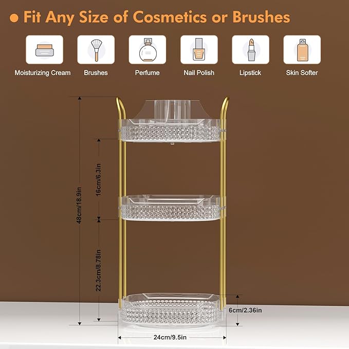 Awenia Rotating Makeup Organizer 360, Stackable Adjustable Large Capacity Cosmetic Storage Unit,Dresser Bathroom Kitchen Countertop Organizer with Metal Handle, Plus Size (Clear, 3 Tier)-Velvo Beauty