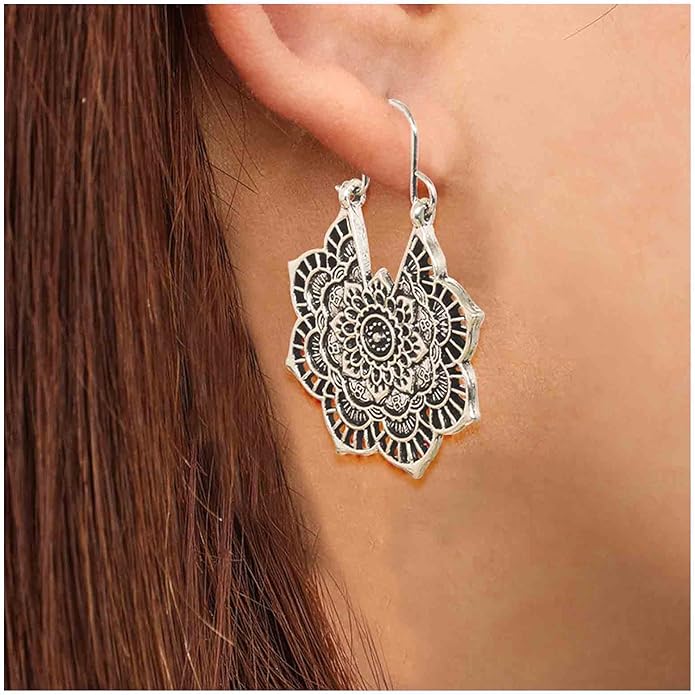 Boho Mandala Flower Earrings Gold Drop Dangle Earrings Tribal Earrings Vintage Ethnic Hoop Earrings Jewelry for Women and Girls-Velvo Beauty
