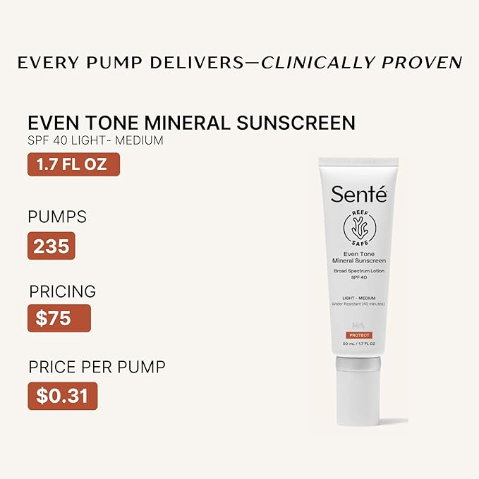 Senté Even Tone Mineral Sunscreen Tinted | SPF 40 Light-Medium | Hydrating, Lightweight Sun Protection Treatment for Redness & Discoloration | UVA/UVB & Blue Light Defense | 1.7 oz-Velvo Beauty