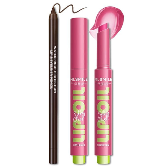 2 in 1 Solid Click Lip Gloss Pen With Brown Lip Liner Set Moisturizing Long Lasting Light Pink High Glossy Jelly Tinted Lip Balm Juicy Buildable Lip Plumper Makeup for Women-Velvo Beauty