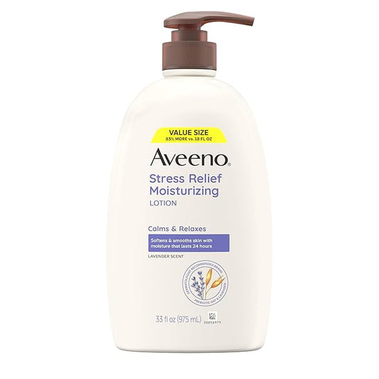 Aveeno Stress Relief Moisturizing Body Lotion 33 Fl Oz, Lavender Scent with Prebiotic Oat, Hydrating 24-Hour Moisturizer Non-Greasy for Dry Sensitive Skin, Paraben & Dye Free, Calming & Relaxing-Velvo Beauty