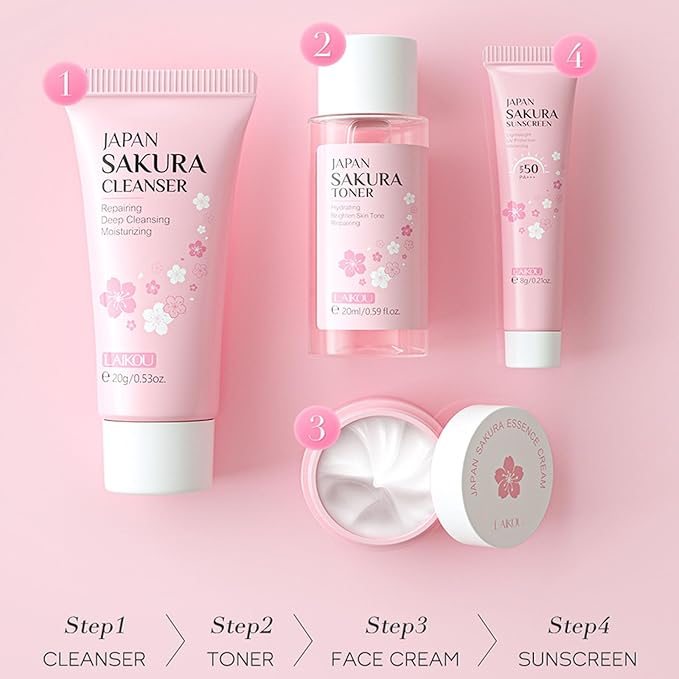 Sakura Travel Skincare Set for Teenage Girls - Face Routine Set for Women,4 Piece Gentle Skin Cleaning & Care Travel Size Kit With Cleanser, Toner, sunscreen and Face Cream-Velvo Beauty