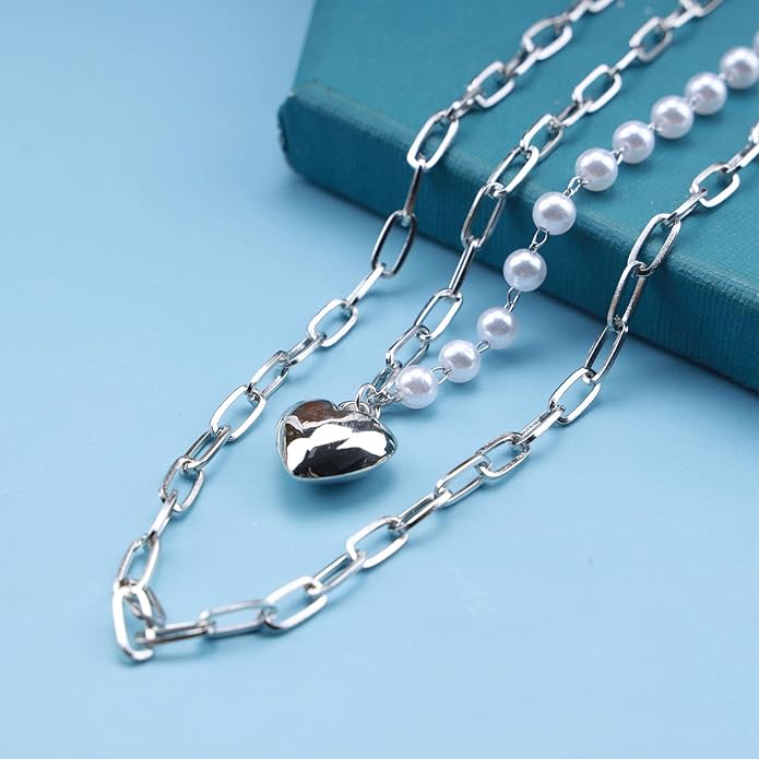 Boho Layered Pearl Choker Necklace Chain Vintage Gold Heart Pendant Cuban Chain Necklace Rock Statement Pearl Heart Necklace Asymmetrical Pearl Strand Necklace Jewelry for Women and Girls-Velvo Beauty