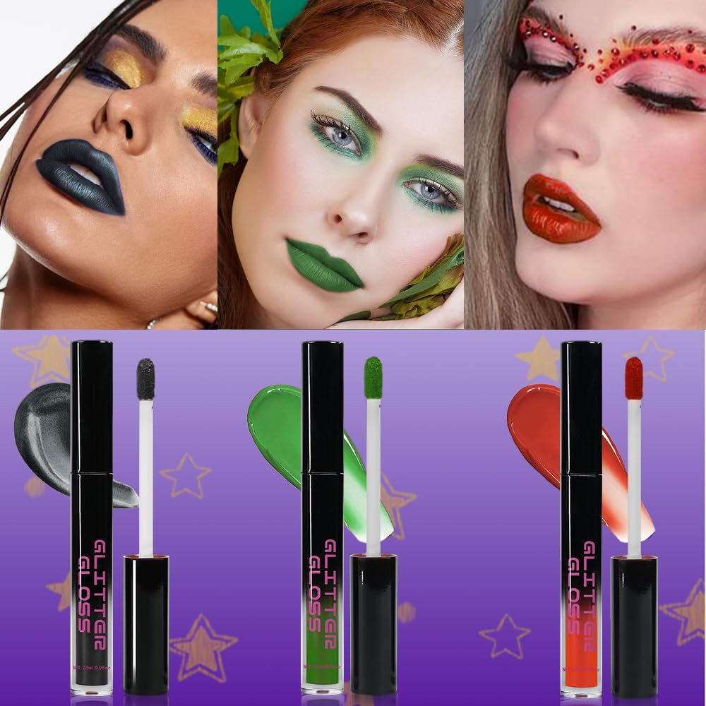 Gray Black Green Red Metallic Lipstick for Women,Glitter Sparkling Liquid Lipstick,Long Lasting Waterproof Lightweight Non-Drying Bold Dark Lip Gloss for Gothic Stage Makeup,Vegan-Velvo Beauty