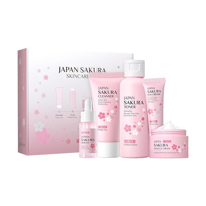 Skin Care Set JAPAN SAKURA Women Beauty Gift Sets Skin Care Kit with Cleanser, Toner, Serum, Eye Cream, Face Cream Travel Kit for Women Teen Girls Mom Daughter Birthday TSA-friendly Sizes 5pcs-Velvo Beauty