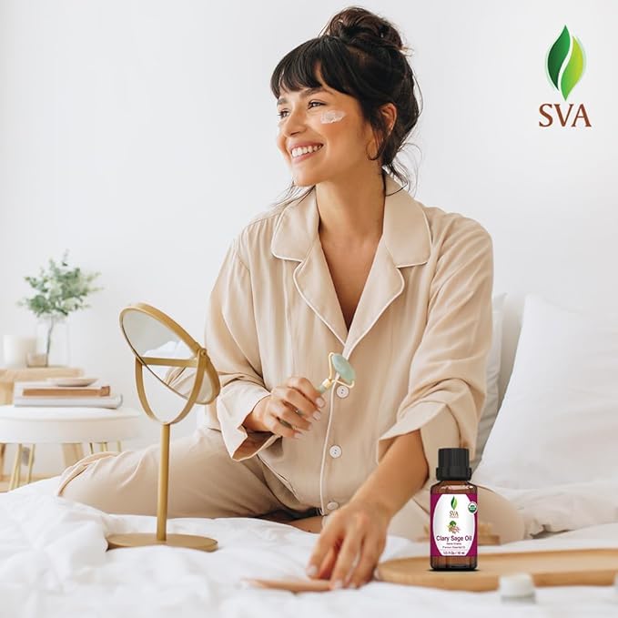 SVA Clary Sage Essential Oil Organic – 1/3 Fl Oz – 100% Natural Organic Clary Sage Oil - for Diffuser, Hair Care, Face, Skin Care, Aromatherapy, Scalp and Body Massage, Soap and Candle Making-Velvo Beauty
