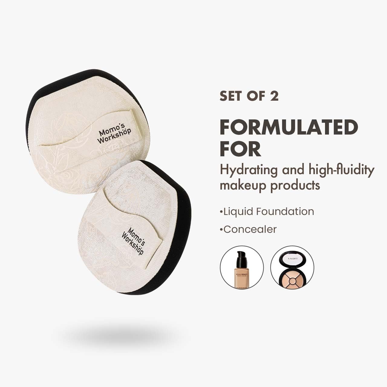 Satin White Flat-cut Shape Makeup Sponge,Firm Bounce Rubycell,Cushion Sponge with Wide PU Leather for Quick-Dry/Full Coverage Foundations, Cosmetic Puff,2pcs Beauty Puffs &Storage Case-Velvo Beauty
