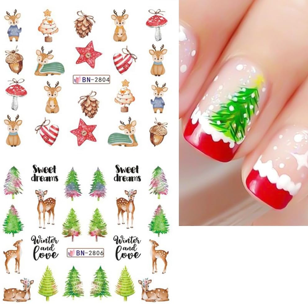 Christmas Nail Art Stickers Decals Snowflake Water Transfer Slider Nail Foils for Christmas Nail Art Supplies Cartoon Santa Claus Elk Gift Polar Bear Winter Design DIY Manicure Tips Stickers for Nails-Velvo Beauty