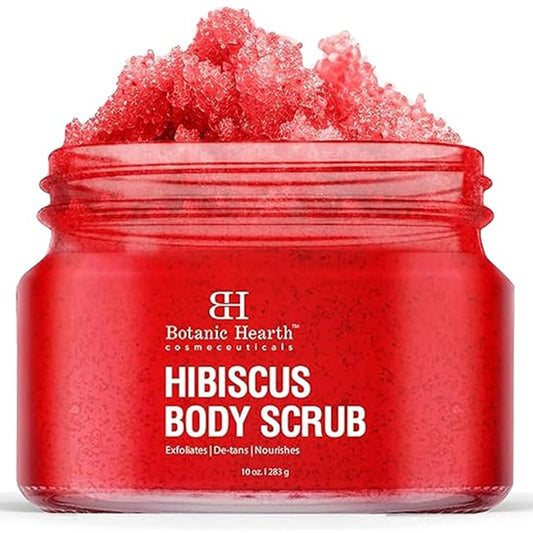 Botanic Hearth Hibiscus Body Scrub Exfoliator | Hydrating Raw Sugar Scrub | Natural Body Scrub For Skin Care, Stretch Marks, Acne & Cellulite, Eczema, Age Spots & Varicose Veins | 10 Oz-Velvo Beauty