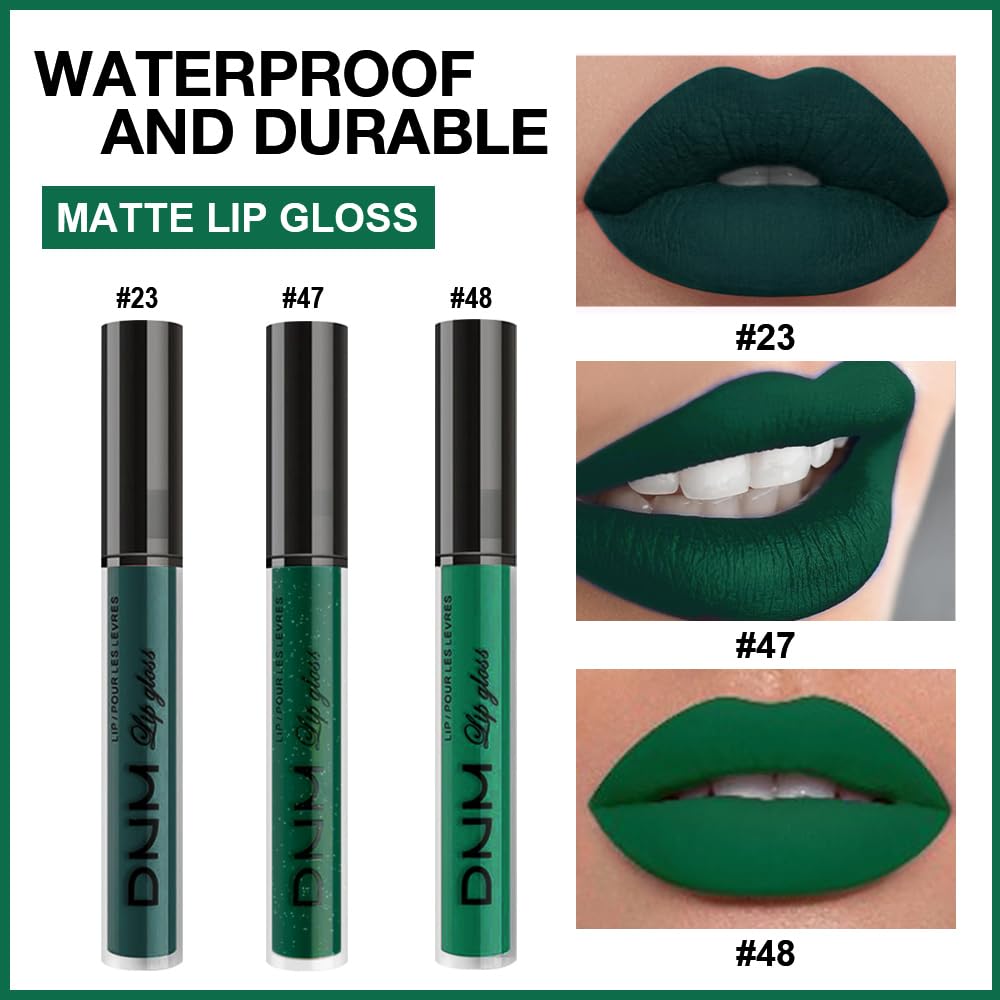 evpct 3Pcs Dark Deep Forest Green Shimmer Matte Liquid Lipstick Lip Stain Sets for Women Matte+Lipstick Long Lasting Waterproof Permanent 24 Hours Magic Lipstick 24 Hours original, Set23-Velvo Beauty